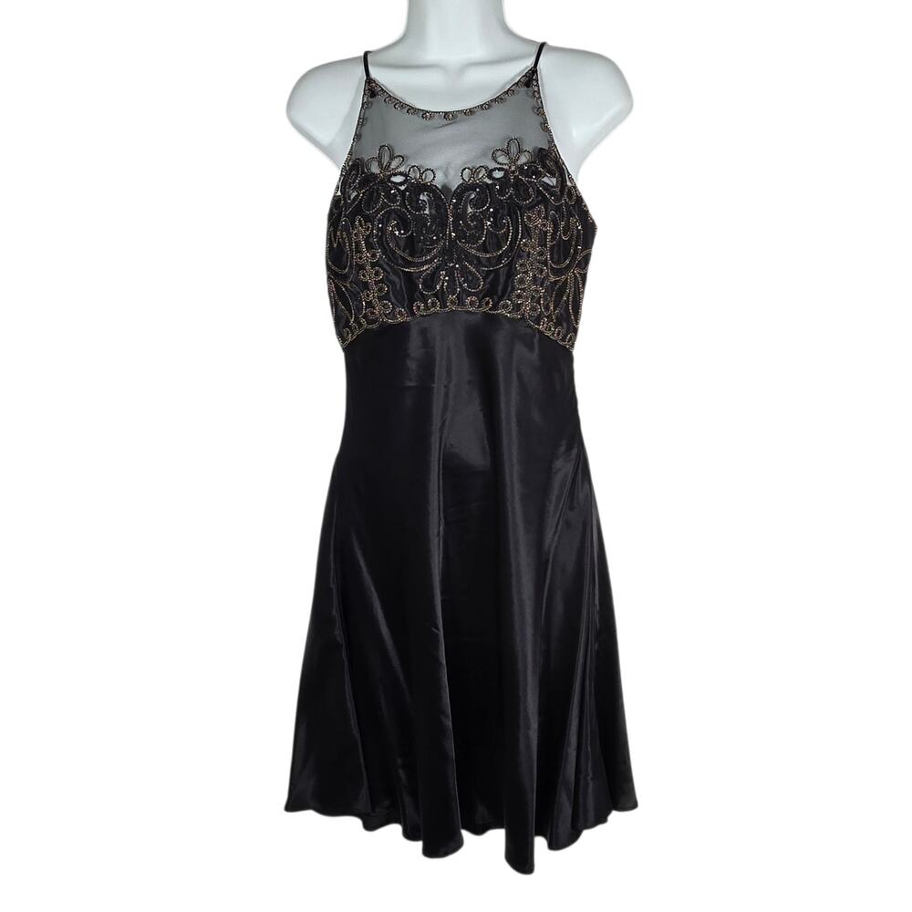 VTG Fredericks Of Hollywood Beaded Satin Cocktail‎ Dress Womens 7 Black Mesh NEW